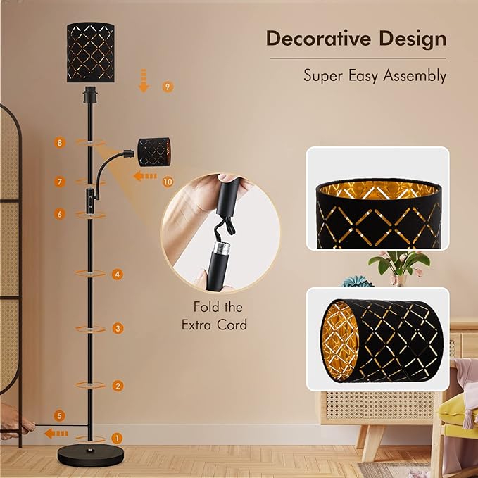 Industrial Floor Lamps for Living Room, Modern Torchiere Standing Lamp with Reading Light for Bedroom, Farmhouse Floor Lamp with Decorative Lampshade, Metal Tall Stand up Lamp, Vintage Pole Lamp Black - LeafyLoom