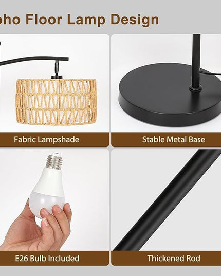 Rattan Floor Lamps for Living Room, Boho Standing Lamp with Remote Control, Arc Floor Lamp Dimmable with Rattan& Linen Double Shades, Wicker Floor Lamp for Bedroom, Office - LeafyLoom