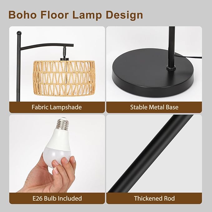 Rattan Floor Lamps for Living Room, Boho Standing Lamp with Remote Control, Arc Floor Lamp Dimmable with Rattan& Linen Double Shades, Wicker Floor Lamp for Bedroom, Office - LeafyLoom