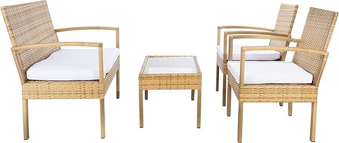 SAFAVIEH Outdoor Collection Bassey Natural/White Cushion 4-Piece Conversation Patio Set PAT7507D - LeafyLoom