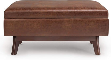 SIMPLIHOME Owen 36 Inch Wide Mid Century Modern Rectangular Coffee Table Lift Top Storage Ottoman in Upholstered Distressed Saddle Brown Faux Leather, For the Living Room - LeafyLoom