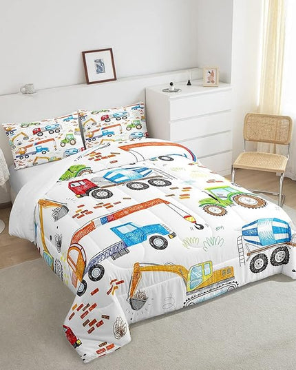 Boys Excavator Bedding Set Construction Vehicles Comforter Set for Kids Girls Watercolor Tractor Crane Truck Comforter Colorful Design Quilt Room 3Pcs Full Size Boys - LeafyLoom