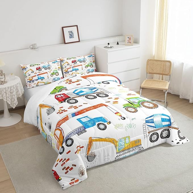 Boys Excavator Bedding Set Construction Vehicles Comforter Set for Kids Girls Watercolor Tractor Crane Truck Comforter Colorful Design Quilt Room 3Pcs Full Size Boys - LeafyLoom