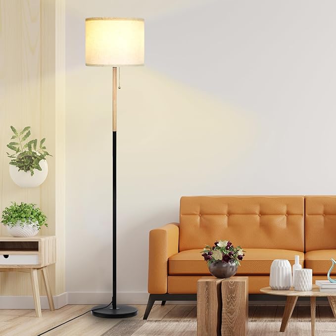 Modern Floor Lamp for Living Room Traditional Farmhouse Floor Lamps Mid-Century Pole Lamp with Linen Lamp Shade, Standing Tall Floor Lamps for Bedrooms and Office (White-01) - LeafyLoom