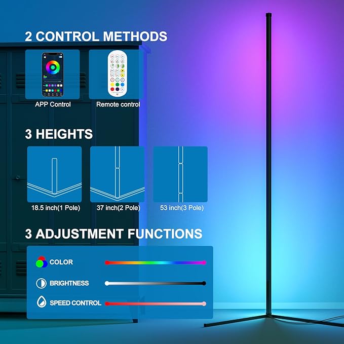 LED Corner Floor Lamp - Space with 16 Million Colors and 230 Dynamic Lighting Modes - App/Remote Control - Music Sync - Easy Installation - Perfect for Living, Gaming Room, and More (1) - LeafyLoom