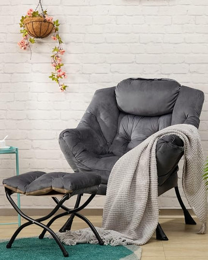 HollyHOME Fabric Lazy Chair with Foldable Ottoman, Accent Comfy Lounge Arm Chair and Folding Footrest Stool Set, Leisure Sofa Reading Chair and Footstool for Living Room, Bedroom, Dorm, Smoky Grey - LeafyLoom