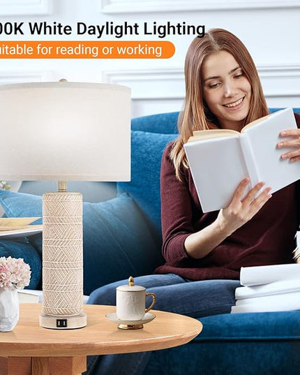 Set of 2 Contemporary Table Lamp, Ceramic Bedside Lamps with 3 Color Temperature, 27.5'' Nightstand Lamp Sets with USB Ports Linen Fabric Shade End Table Lamps for Living Room Bedroom, Bulb Included - LeafyLoom