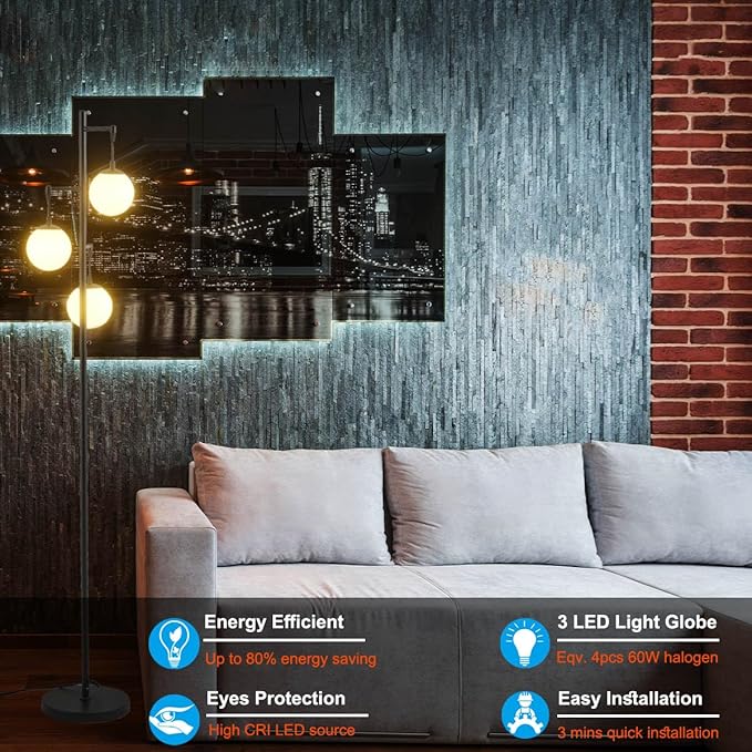 3 Globe Mid Century Modern Globe Floor Lamp with Frosted Glass Shade and 3000K LED Bulbs, Contemporary Retro Black Standing Lamp for Living Room Bedroom Office - LeafyLoom