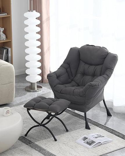 Lazy Chair with Ottoman, Modern Soft Reading Chair Accent Contemporary Lounge Leisure Sofa Chair with Armrests and a Side Pocket for Living Room, Bedroom, Dorm & Office, Dark Grey - LeafyLoom