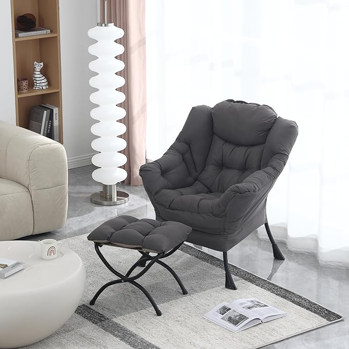 Lazy Chair with Ottoman, Modern Soft Reading Chair Accent Contemporary Lounge Leisure Sofa Chair with Armrests and a Side Pocket for Living Room, Bedroom, Dorm & Office, Dark Grey - LeafyLoom