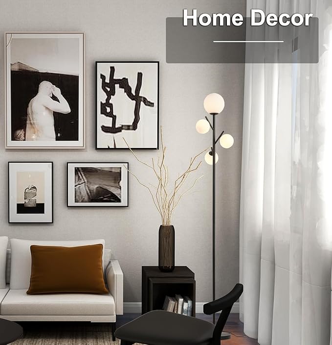 4 Globe Floor Lamp, Modern Sputnik Tree Standing Lamp with Frosted Glass Ball Lampshade & 3000K LED Bulbs, Mid Century Contemporary Tall Lamp for Living Room, Bedroom, Office, Hotel - LeafyLoom