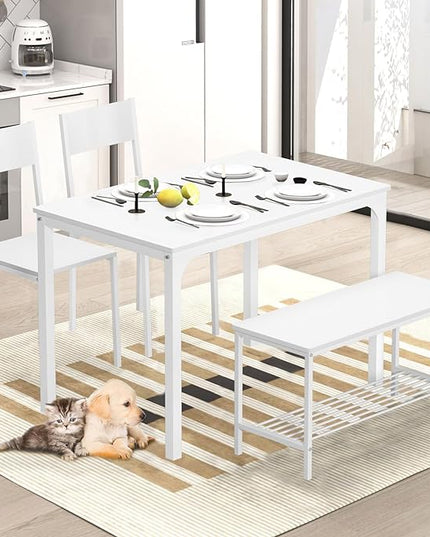 SogesHome Home Kitchen Table Set for 4, Compact Dining Table Chair Set, 4 Pieces Table Chair Bench Set for Small Place, Apartment, White - LeafyLoom