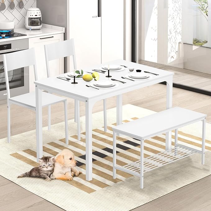 SogesHome Home Kitchen Table Set for 4, Compact Dining Table Chair Set, 4 Pieces Table Chair Bench Set for Small Place, Apartment, White - LeafyLoom