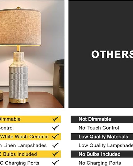 25" Modern 3-Way Dimmable Touch Control with USB A+C Ceramic Lamps Set of 2 Table Lamp for Living Room Bedroom Farmhouse Nightstand Bedside Lamps (White-Washed) - LeafyLoom