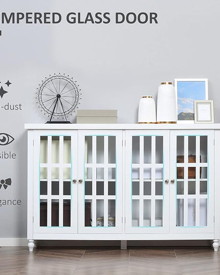 HOMCOM Sideboard, Buffet Cabinet with 4 Tempered Glass Doors, Stripe Pattern and Adjustable Storage Shelf, Credenza, White - LeafyLoom
