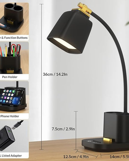 LED Desk Lamp with 2 USB Charging Port, 2 Pen Holders 3 Color Modes Dimmable Reading Light Desk Light, LED Small Desk Lamp Flexible Gooseneck Touch Table Lamp for Bedside Office Home, AC Adapter - LeafyLoom