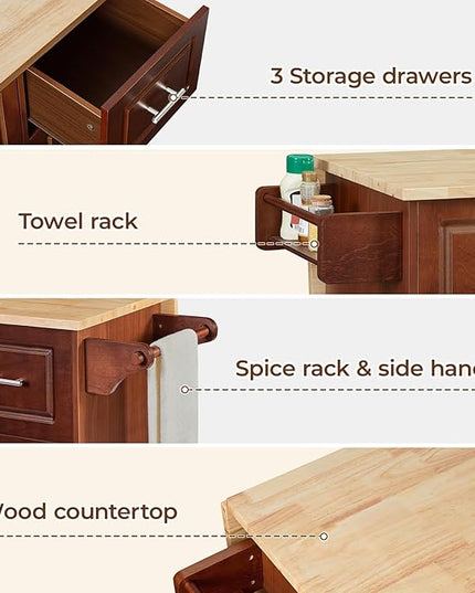 54" Large Kitchen Island Cart with Drop Leaf, Kitchen Island with Storage, Rolling Kitchen Island with Inside Cabinet, 3 Drawers, Spice Rack, Towel Rack and Wood Tabletop(Brown) - LeafyLoom