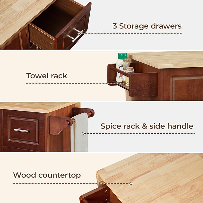 54" Large Kitchen Island Cart with Drop Leaf, Kitchen Island with Storage, Rolling Kitchen Island with Inside Cabinet, 3 Drawers, Spice Rack, Towel Rack and Wood Tabletop(Brown) - LeafyLoom
