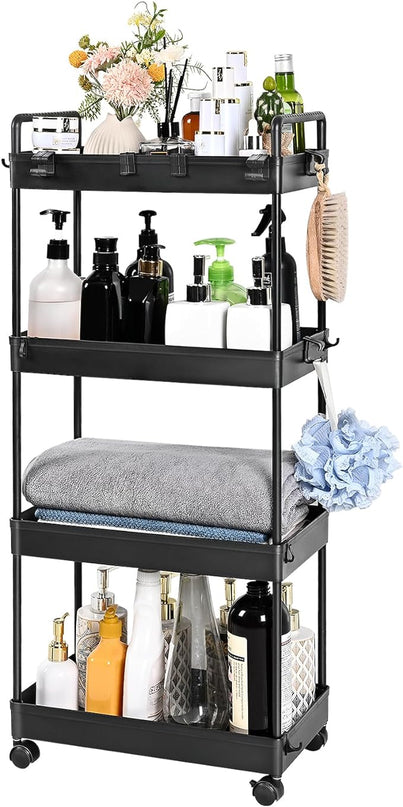 AROGAN Rolling Storage Cart with Wheels, 4 Tier Bathroom Storage Cart Laundry Room Organizer, Rolling Utility Cart for Kitchen, Bathroom, Laundry Room, Office, Narrow Place (Black) - LeafyLoom