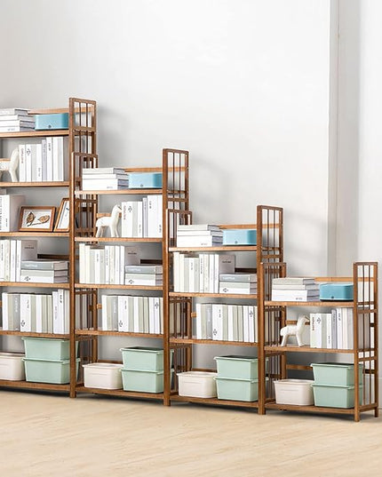 IOTXY Adjustable Bamboo Open Bookshelf - Medium 4-Tier Free Standing Storage Rack, Multifunctional Display Stand for Bookcase, Home and Office, Light Brown - LeafyLoom