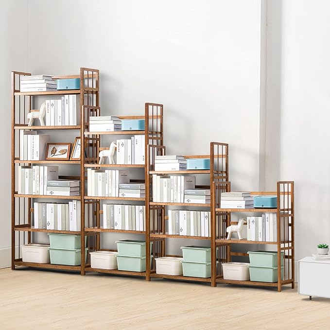 IOTXY Adjustable Bamboo Open Bookshelf - Medium 4-Tier Free Standing Storage Rack, Multifunctional Display Stand for Bookcase, Home and Office, Light Brown - LeafyLoom