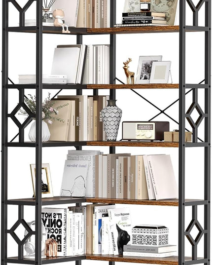 YITAHOME 7 Tier Corner Bookshelf Reversible Bookcase, Tall Bookshelf Display Rack Shelf with Metal Frame for Living Room, Bedroom, Home Office, Rustic Brown - LeafyLoom