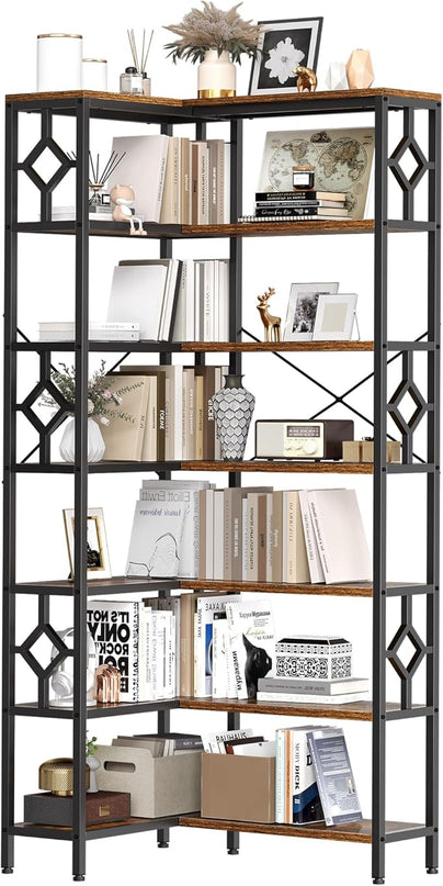 YITAHOME 7 Tier Corner Bookshelf Reversible Bookcase, Tall Bookshelf Display Rack Shelf with Metal Frame for Living Room, Bedroom, Home Office, Rustic Brown - LeafyLoom