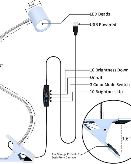 Dott Arts Desk Lamp,USB Clip On Light with 3 Color Modes,LED 10 Levels Brightness Reading Lamp, 360°Gooseneck Book Light,Eye-Care Reading Light for Home Office,Headboards Blue - LeafyLoom