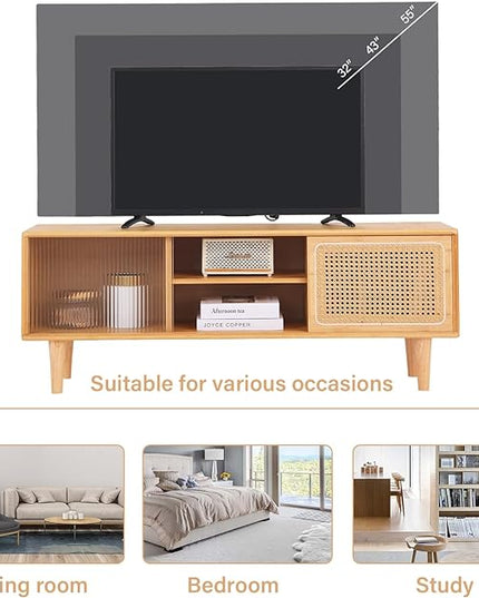 Tiita Rattan TV Stand for 55 Inch TV, Bamboo TV Cabinet with Adjustable Shelf and Storage, Boho Entertainment Center, Mid Century Modern Media Console for Bedroom, Living Room, Study (Natural) - LeafyLoom