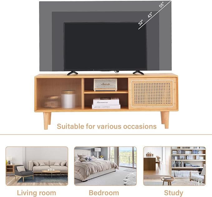 Tiita Rattan TV Stand for 55 Inch TV, Bamboo TV Cabinet with Adjustable Shelf and Storage, Boho Entertainment Center, Mid Century Modern Media Console for Bedroom, Living Room, Study (Natural) - LeafyLoom