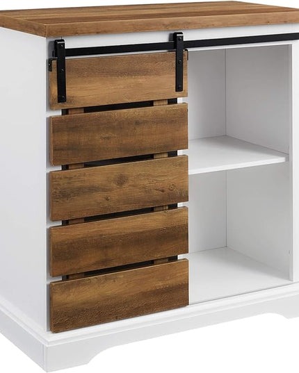 Walker Edison Willa Modern Farmhouse Sliding Single Slat Door Storage Console, 32 Inch, White and Rustic Oak - LeafyLoom
