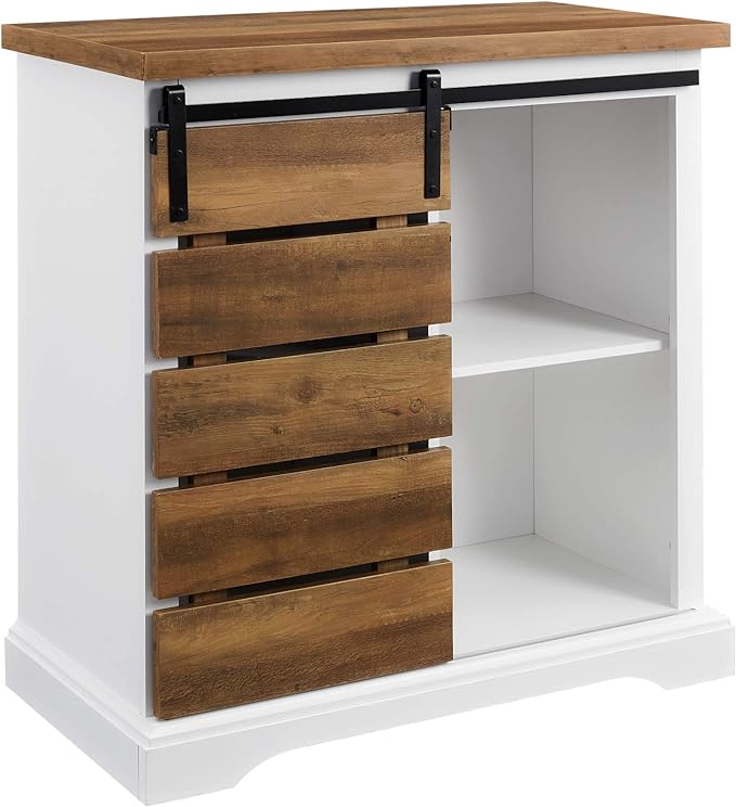 Walker Edison Willa Modern Farmhouse Sliding Single Slat Door Storage Console, 32 Inch, White and Rustic Oak - LeafyLoom