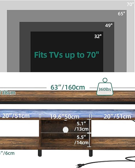 YITAHOME LED Television Stands w/Power Outlets for 70/65 inch, Modern Industrial TV Stand, Entertainment Center w/Open Storage, Entertainment Center for 360lbs for Living Room, Retro Brown - LeafyLoom