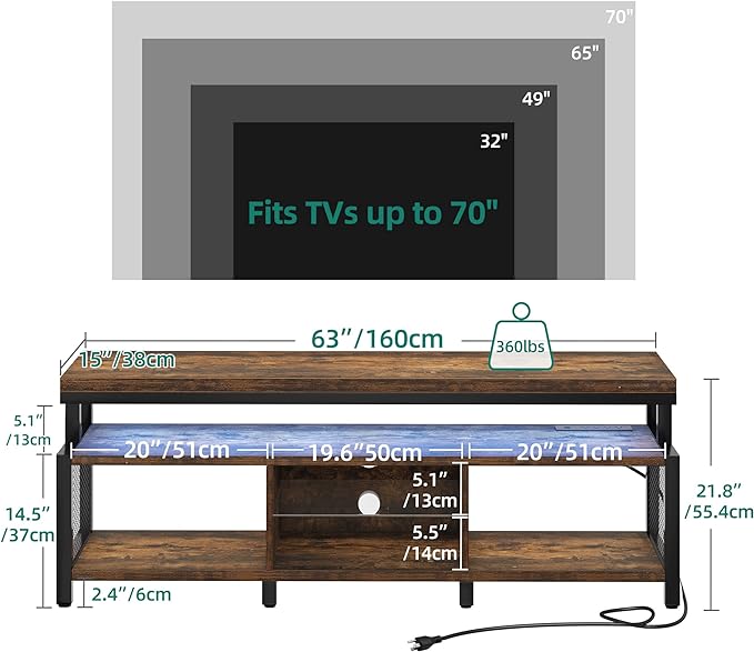 YITAHOME LED Television Stands w/Power Outlets for 70/65 inch, Modern Industrial TV Stand, Entertainment Center w/Open Storage, Entertainment Center for 360lbs for Living Room, Retro Brown - LeafyLoom