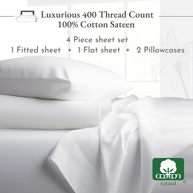 California Design Den Queen Sheet Set 400 Thread Count, 100% Cotton Sateen Sheets for Queen Size Bed - Soft, Breathable & Cooling Brown Sheet, 4-Pc Deep Pocket Bed Sheets - Brown - LeafyLoom