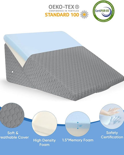 Forias Wedge Pillow for Sleeping 9 &12 Inch Adjustable Bed Wedge Pillow for After Surgery Foldable Memory Foam Triangle Pillow Wedge for Acid Reflux Snoring Post Surgery Back Leg Knee Pain - Gray - LeafyLoom