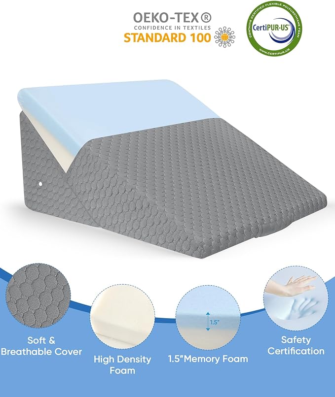 Forias Wedge Pillow for Sleeping 9 &12 Inch Adjustable Bed Wedge Pillow for After Surgery Foldable Memory Foam Triangle Pillow Wedge for Acid Reflux Snoring Post Surgery Back Leg Knee Pain - Gray - LeafyLoom