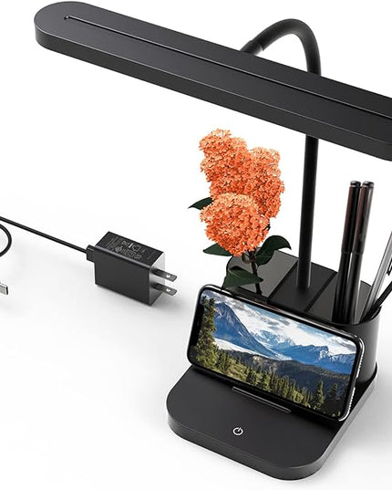 AXX Desk Lamp for College Dorm Room, School Study Supplies for Teens Kids, Office Desk Lights with Organizer/Storage, Desktop Lamp for Bedroom, LED, Small, Black, Pen Holder, Gooseneck - LeafyLoom