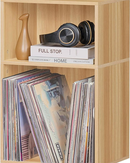 LEYAOYAO 2 Cube Bookshelf,Natural Record Player Stand Holds up to 100 Albums, Mini Wood Book Shelf Storage Organizer,Turntable Stand with Vinyl Storage Cabinet, Narrow Open Bookcase for Small Spaces - LeafyLoom