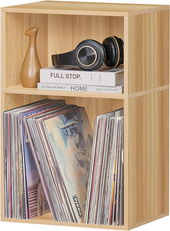 LEYAOYAO 2 Cube Bookshelf,Natural Record Player Stand Holds up to 100 Albums, Mini Wood Book Shelf Storage Organizer,Turntable Stand with Vinyl Storage Cabinet, Narrow Open Bookcase for Small Spaces - LeafyLoom