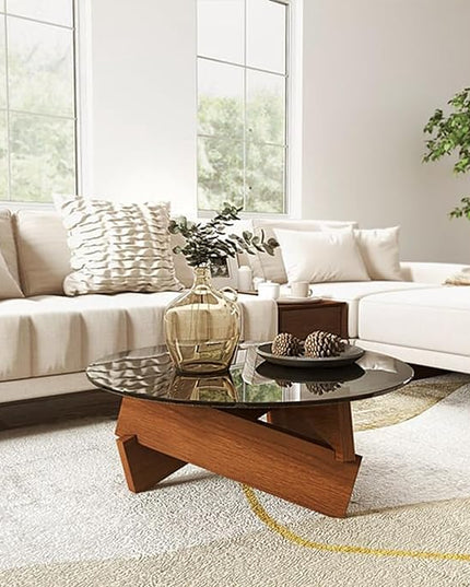 Coffee Table, Round Coffee Table for Living Room Modern Glass Coffee Table with Solid Wood Legs Farmhouse Mid Century Center Table Large Circle Cocktail Table (Walnut + Gray, 35.4in) - LeafyLoom