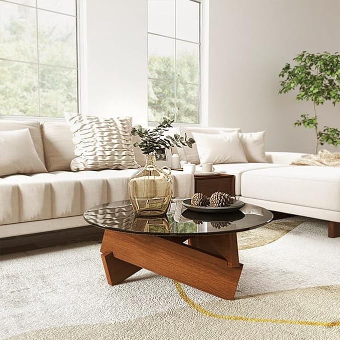 Coffee Table, Round Coffee Table for Living Room Modern Glass Coffee Table with Solid Wood Legs Farmhouse Mid Century Center Table Large Circle Cocktail Table (Walnut + Gray, 35.4in) - LeafyLoom