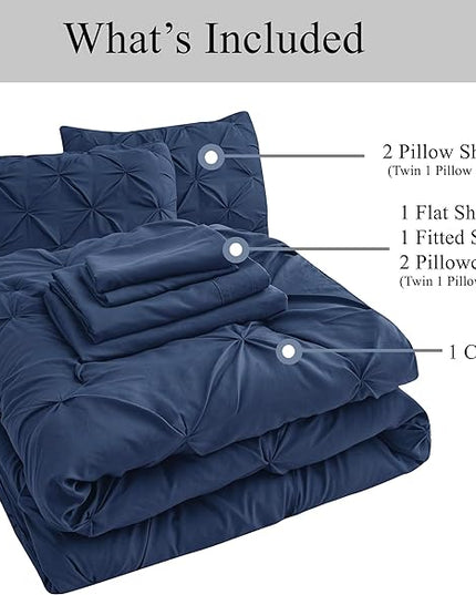LANE LINEN Twin XL Comforter Set, 5 Piece Twin XL Bedding, Pintuck Twin XL Bed in a Bag, Twin XL Bedding Comforter Sets, Twin XL Bed Comforter Set with Sheets, Pillowcase & Sham, Bed Set - Navy Blue - LeafyLoom