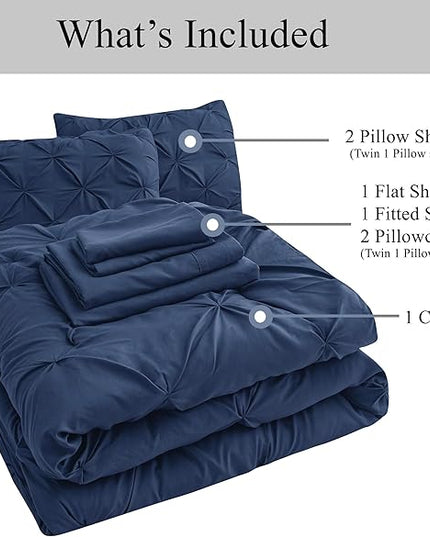LANE LINEN California King Comforter Set, 7 Piece Cal King Bed in a Bag, Pintuck Cal King Bedding Set, Soft Cali King Bed Set, Cal King Bed Comforter Sets with Sheets, Pillowcases & Shams - Navy Blue - LeafyLoom