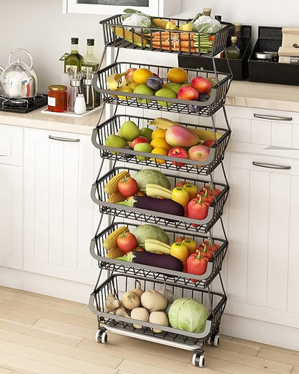 Wisdom Star 6 Tier Fruit Vegetable Basket for Kitchen, Fruit Vegetable Storage Cart/ Bins for Onions and Potatoes, Wire Storage Organizer Utility Cart with Wheels, Black - LeafyLoom