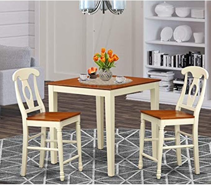 East West Furniture VNKE3-WHI-W Vernon 3 Piece Kitchen Counter Set for Small Spaces Contains a Square Room Table and 2 Dining Chairs, 36x36 Inch, Buttermilk & Cherry - LeafyLoom