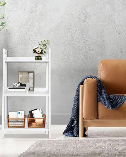 ECOMEX 3-Tier Ladder Shelf Modern Style Shelf, Ladder Bookshelf Open Storage Rack Wood Ladder Shelf with Solid Pine Frame, Freestanding Ladder Shelves for Home Office, Bedroom (White) - LeafyLoom