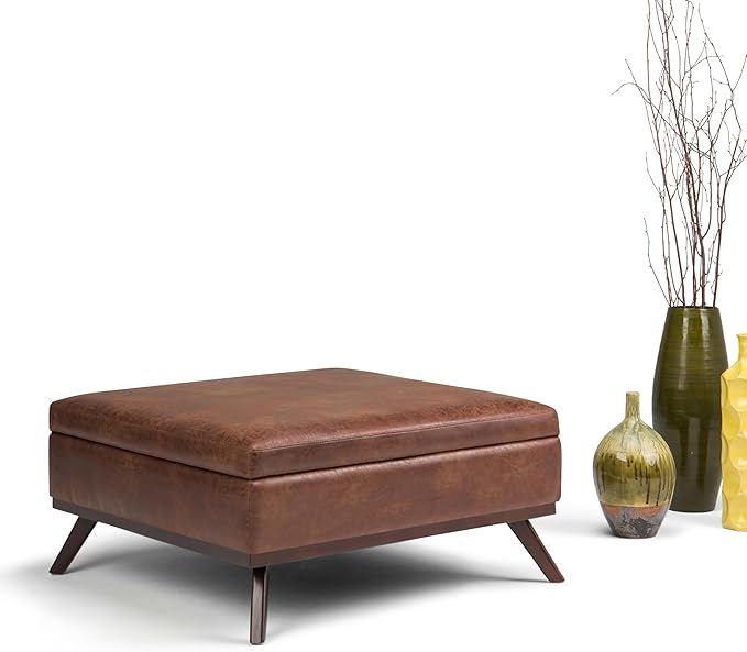 SIMPLIHOME Owen 36 Inch Wide Mid Century Modern Square Coffee Table Lift Top Storage Ottoman in Upholstered Distressed Saddle Brown Faux Leather, For the Living Room - LeafyLoom