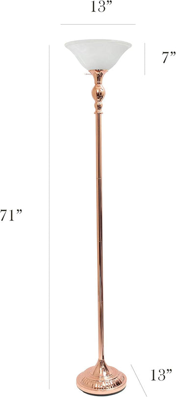 Elegant Designs LF2001-RGD 1 Light Torchiere Marbleized White Glass Shade Floor Lamp, Rose Gold - LeafyLoom