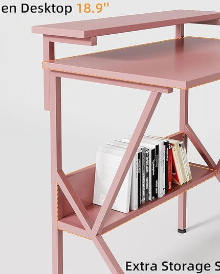 COTUBLR Small Desk, 27.5 Inch Small Computer Desk for Small Spaces, Computer Desk with Adjustable Monitor Stand, Compact Desk with Storage, Tiny Desk Study Desk for Bedroom Home Office, Pink - LeafyLoom